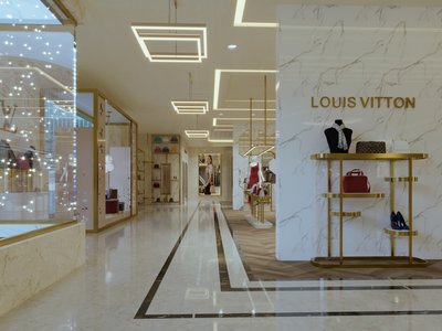 Louis Vuitton الطالبة: ايمان بني فضل / مشروع تخرج/ مقترح تصميم داخلي لمعرض لعرض الشنط والاحذية والملابس
